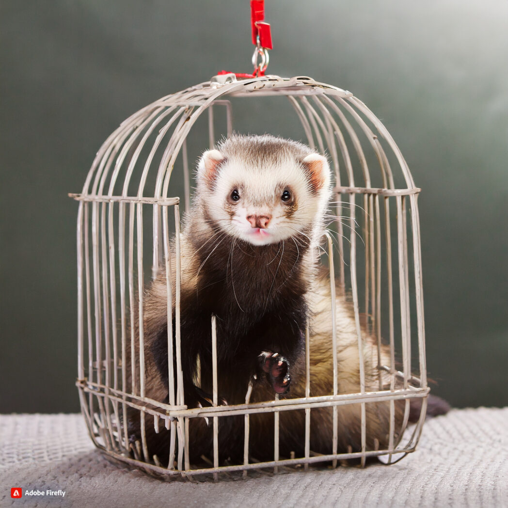 ferret in tiny cage